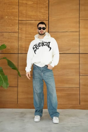 Erkek Kapüşonlu Sweatshirt Hoodie 3 İplik Şardonlu Pamuklu Kumaş, Önü Baskılı, Fermuarlı Rahat Kalıp, Kışlık Ve Sokak Stili Sweat - Beyaz
