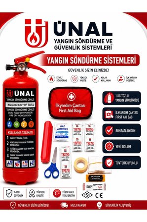 Yangın Söndürme Tüpü Seti 1 kg Kuru Kimyevi Tozlu Yangın Söndürücü + İlk Yardım Çantası