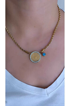 Çelik Zirkon Taşlı Gösterişli Çeyrek Kolye