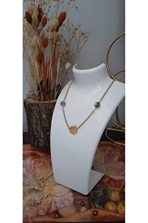 1.sınıf Çelik Kararma Yapmaz Altın Kaplama Nazar Boncuklu Yonca Figürlü Kolye