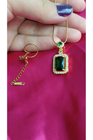 Çelik Kararma Yapmaz Zirkon ve Yeşil Baget Taşlı Kadın Kolye