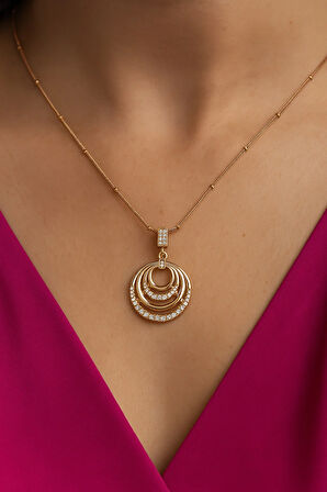 316L Çelik Kararma Yapmaz Zirkon Taşlı Altın Kaplama 4 Halkalı Kolye