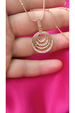 316L Çelik Kararma Yapmaz Zirkon Taşlı Altın Kaplama 4 Halkalı Kolye