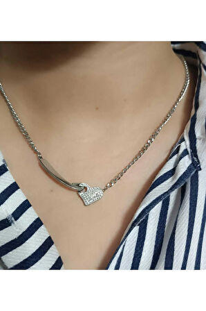 Çelik Kararma Yapmaz Kalp Figürlü Taşlı Silver Kolye