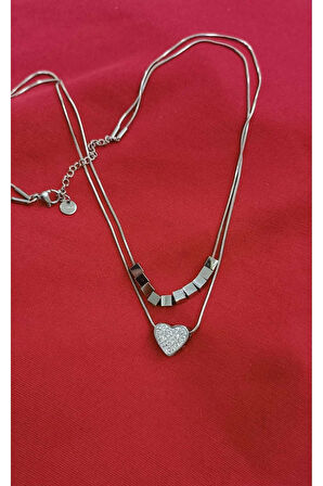 Çelik Kararma Yapmaz Kare Taşlı Kalp Figürlü Silver Kolye