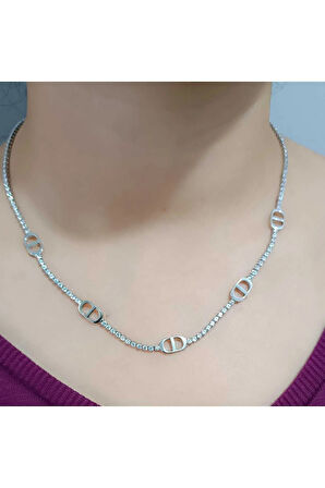 Çelik Kararma Yapmaz Oval Topukcuklu Zirkon Taşlı Silver Kolye