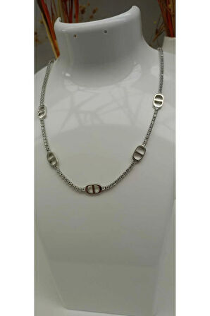 Çelik Kararma Yapmaz Oval Topukcuklu Zirkon Taşlı Silver Kolye