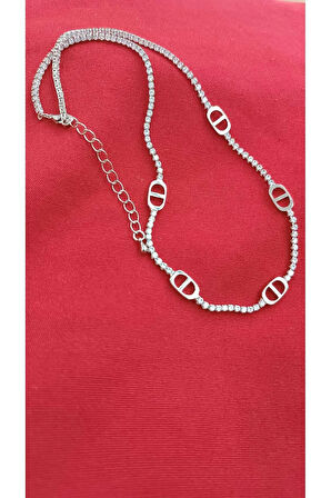 Çelik Kararma Yapmaz Oval Topukcuklu Zirkon Taşlı Silver Kolye