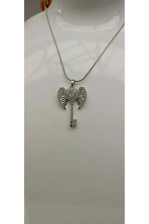 1.Sınıf Çelik Kararma Yapmaz Zirkon Taşlı Melek Kalp Anahtar Figürlü Silver Kolye