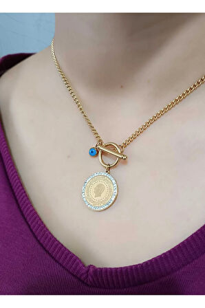 1.Sınıf Çelik Kararma Yapmaz Zirkon Taş Detaylı Çeyrek Altın Figürlü Kolye