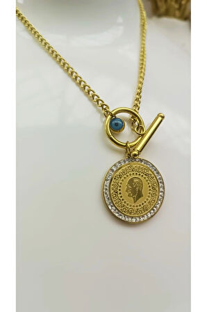 1.Sınıf Çelik Kararma Yapmaz Zirkon Taş Detaylı Çeyrek Altın Figürlü Kolye