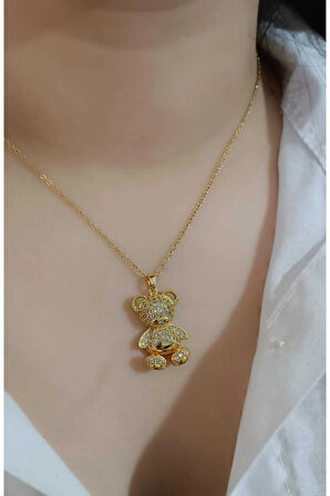 1.Sınıf Çelik Kararma Zirkon Taş detaylı Ayıcık Figürlü Kolye