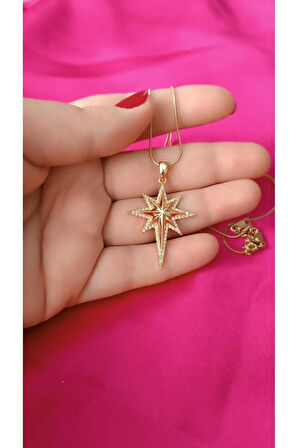 Çelik Kararmaz Altın Kaplama Zirkon Taşlı Kutupyıldızı Kolye