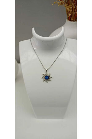 Çelik Kararmaz Mavi Opal Taşlı Güneş Figürlü Kolye