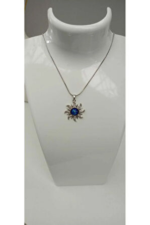 Çelik Kararmaz Mavi Opal Taşlı Güneş Figürlü Kolye