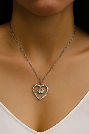 Çelik Kararmaz Silver Kalp Şekilli Göz Figürlü Zirkon Taşlı Kolye