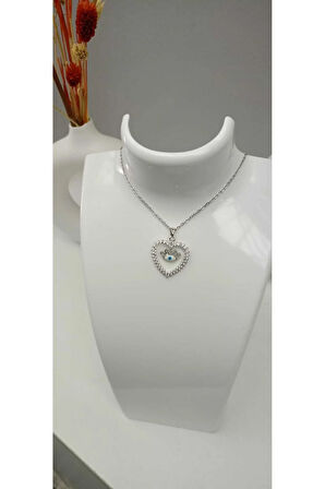 Çelik Kararmaz Silver Kalp Şekilli Göz Figürlü Zirkon Taşlı Kolye