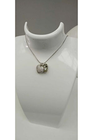 Çelik Kararmaz Silver Zirkon Taşlı Açılır İnci Detaylı Kalp Kolye