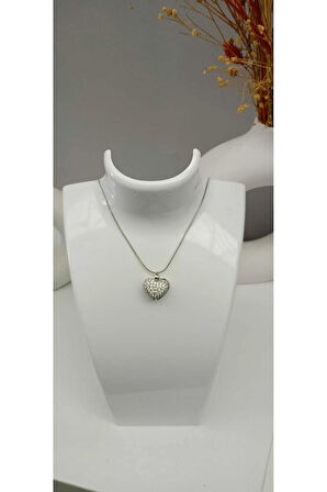 Çelik Kararmaz Silver Zirkon Taşlı Açılır İnci Detaylı Kalp Kolye