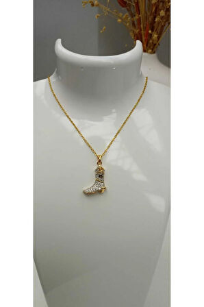 Kararma Yapmaz Çelik Çizme Figürlü Zirkon Taşlı Kolye