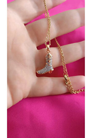 Kararma Yapmaz Çelik Çizme Figürlü Zirkon Taşlı Kolye