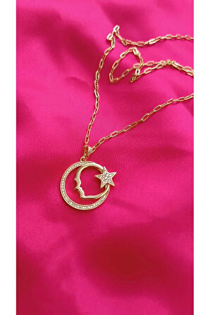 Xuping Kararma Yapmaz 14K Kaplama Atatürk Silüetli Zirkon Taşlı Ayyıldız Kolye