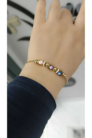 1.Sınıf Çelik Kararma Yapmaz Nazar Boncuk Detaylı 3 Küplü Bileklik