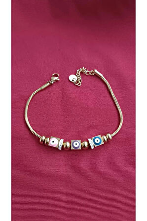 1.Sınıf Çelik Kararma Yapmaz Nazar Boncuk Detaylı 3 Küplü Bileklik