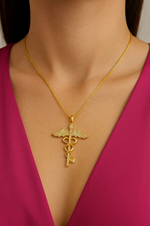 Çelik kararma Yapmaz Zirkon Taşlı Şifa Meleği Tıp sembolü Kolye