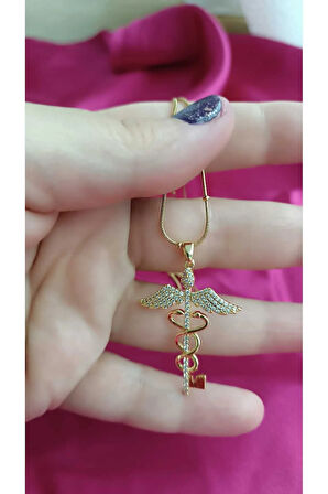 Çelik kararma Yapmaz Zirkon Taşlı Şifa Meleği Tıp sembolü Kolye