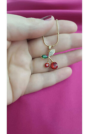 Çelik Kararma Yapmaz Kiraz Figürlü Zirkon Taşlı Gold ve Gümüş Çeşitli Kolye