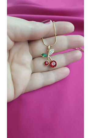 Çelik Kararma Yapmaz Kiraz Figürlü Zirkon Taşlı Gold ve Gümüş Çeşitli Kolye
