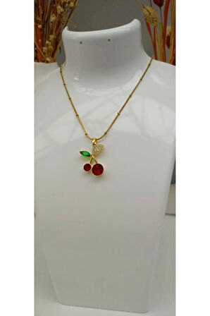 Çelik Kararma Yapmaz Kiraz Figürlü Zirkon Taşlı Gold ve Gümüş Çeşitli Kolye