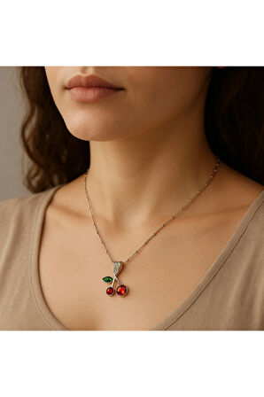 Çelik Kararma Yapmaz Kiraz Figürlü Zirkon Taşlı Gold ve Gümüş Çeşitli Kolye