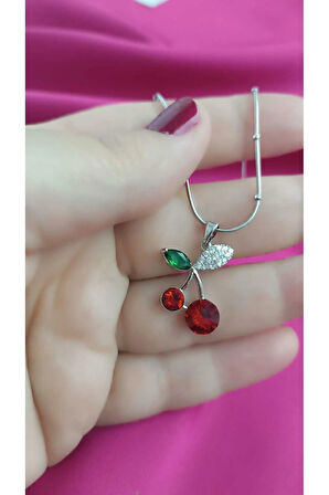 Çelik Kararma Yapmaz Kiraz Figürlü Zirkon Taşlı Gold ve Gümüş Çeşitli Kolye