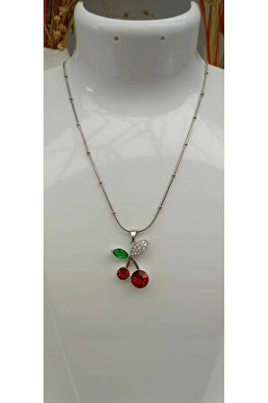 Çelik Kararma Yapmaz Kiraz Figürlü Zirkon Taşlı Gold ve Gümüş Çeşitli Kolye