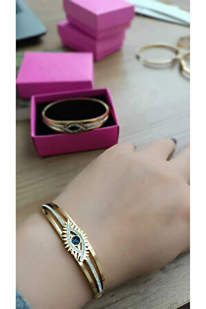 1.Sınıf Çelik Kararma Yapmaz Altın Kaplama Zirkon Taşlı Göz Figürlü Bileklik