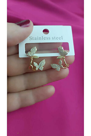 Çelik Kararma Yapmaz Taşlı 2'li Kelebek Küpe