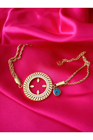 Çelik Kararma Olmaz Çift Zincirli Nazar Boncuklu Zirkon Taşlı Çeyreklik Kadın Bileklik