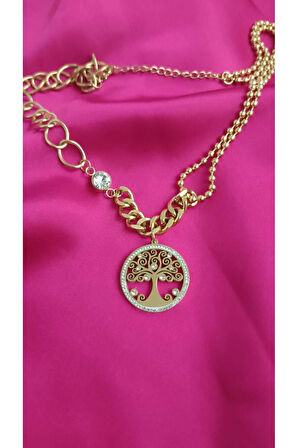 Çelik Kararma Yapmaz Çift Zincirli Taşlı Hayat Ağacı Şık Zarif Kadın Kolye