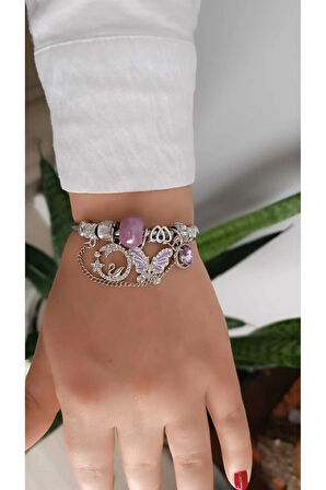 1.Sınıf Çelik Kararma Yapmaz Silver Mor Kelebek Bileklik