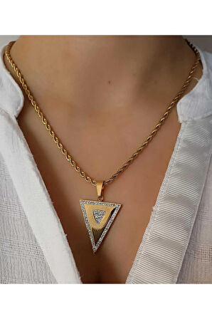 1.Sınıf Çelik Altın Kaplama Kararma Yapmaz  Zirkon Detaylı Üçgen Figürlü Kolye