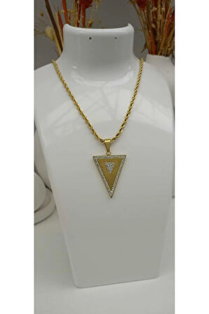 1.Sınıf Çelik Altın Kaplama Kararma Yapmaz  Zirkon Detaylı Üçgen Figürlü Kolye