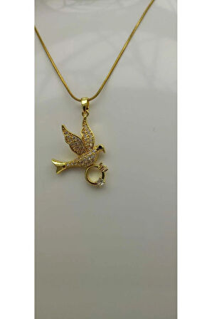 Çelik Kararma Yapmaz Zirkon Taşlı Kadın Tektaş Yüzük Taşıyan Kuş Kolyesi