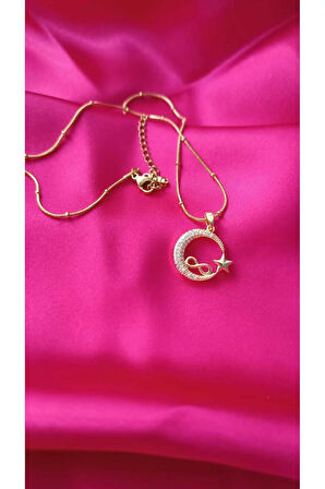 Çelik Kararma Yapmaz Altın Kaplama Zirkon Taşlı Ayyıldız ve Sonsuzluk Figürlü Şık Zarif Kadın Kolye