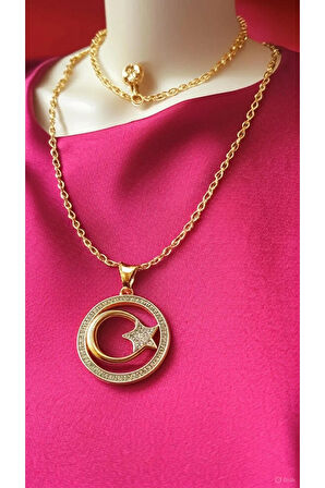 Çelik Kararma Yapmaz Altın Kaplama Ayyıldız Figürlü Şık Zarif Kadın Kolye