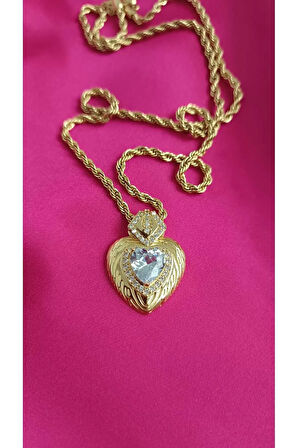 Çelik Kararma Yapmaz Altın Kaplama Taşlı Kalp Figürlü Uzun Zincirli Zarif Şık Kadın Kolye