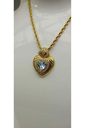 Çelik Kararma Yapmaz Altın Kaplama Taşlı Kalp Figürlü Uzun Zincirli Zarif Şık Kadın Kolye