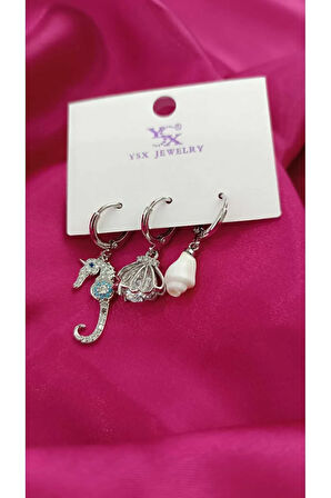 Çelik Kararma Yapmaz Deniz Temalı Kombin Küpe