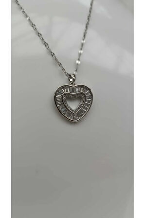 1.Sınıf Çelik Silver Taşlı Kalp Figürlü Kararma Yapmaz Kalp Figürlü Kolye